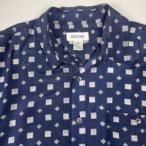 Vintage Bogari Shirt L Mens S/S 100% Silk Dark Blue Geometric AOP